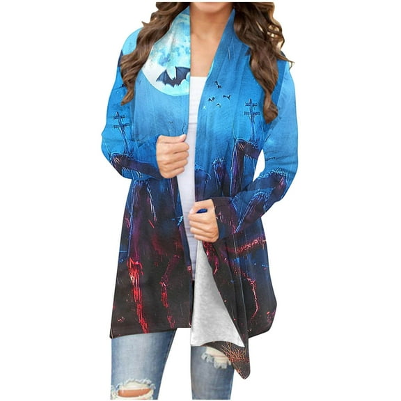 WXLWZYWL Halloween Cardigans for women 2024 Ghost Pumpkin Bat Spide Web Witch Graphic Coats Long Sleeve Lightweight Tops Open Front Fall Jackets