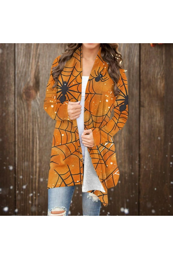 Halloween Costumes for Women 2024 Cute Pumpkin Print Open Front Lightweight Cardigan Casual Long Sleeve Plus Size Coat Top