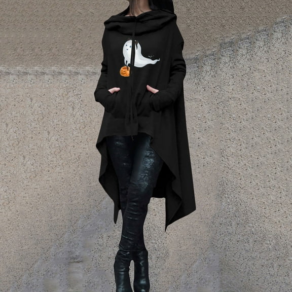 WXLWZYWL Halloween Costumes for Women 2024 Pumpkin Face Ghost Witch Bat Print Scary Hoodie Dress Long Sleeve Hooded Pullover Funny Holiday Cat Tops