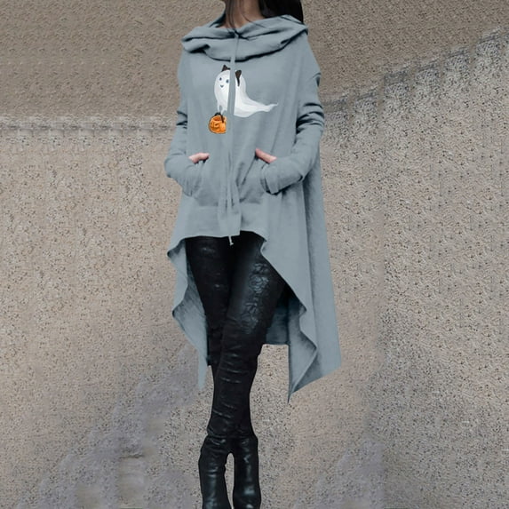 WXLWZYWL Halloween Costumes for Women 2024 Pumpkin Face Ghost Witch Bat Print Scary Hoodie Dress Long Sleeve Hooded Pullover Funny Holiday Cat Tops