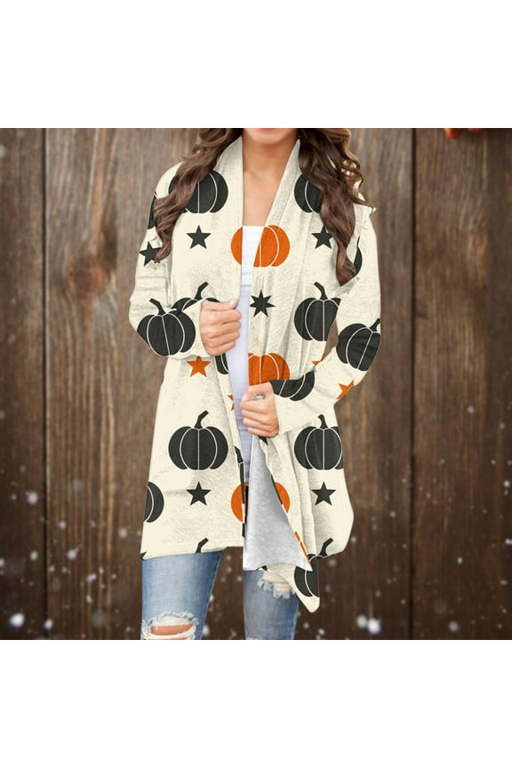 Halloween Costumes for Women Cute Pumpkin Print Open Front Lightweight Cardigan Casual Long Sleeve Plus Size Coat Top