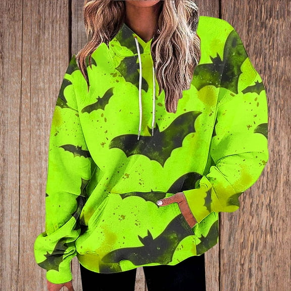 WXLWZYWL Halloween Hoodies for Women Plus Size Long Sleeve Shirts Crewneck Bat Pumpkin Ghost Witch Printed Cute Y2k Loose Casual Pullover Tee Tops Hoodies