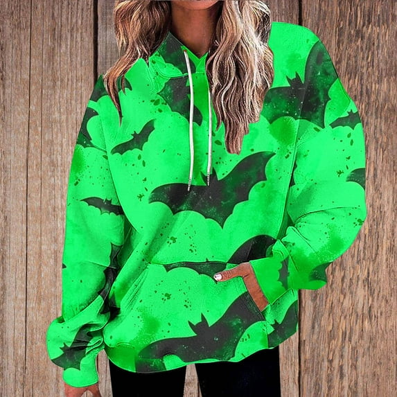 WXLWZYWL Halloween Hoodies for Women Plus Size Long Sleeve Shirts Crewneck Bat Pumpkin Ghost Witch Printed Cute Y2k Loose Casual Pullover Tee Tops Hoodies