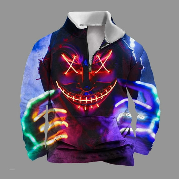 WXLWZYWL Halloween Mens Hoodie Hoodless Halloween Printed Shirt Long Sleeve Quarter Zipper Collar Shirts Tops with Pocket