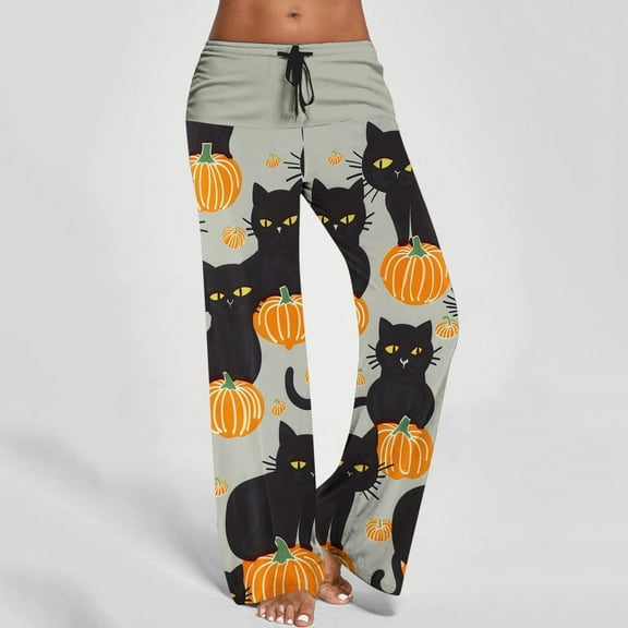 WXLWZYWL Halloween Pajama Pants for Women Cute Pumpkin Print Lounge Pants Comfy Drawstring Wide Leg Palazzo Pants with Pocket