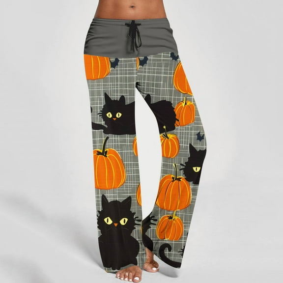 WXLWZYWL Halloween Pajama Pants for Women Cute Pumpkin Print Lounge Pants Comfy Drawstring Wide Leg Palazzo Pants with Pocket