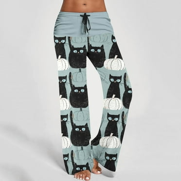 WXLWZYWL Halloween Pajama Pants for Women Cute Pumpkin Print Lounge Pants Comfy Drawstring Wide Leg Palazzo Pants with Pocket