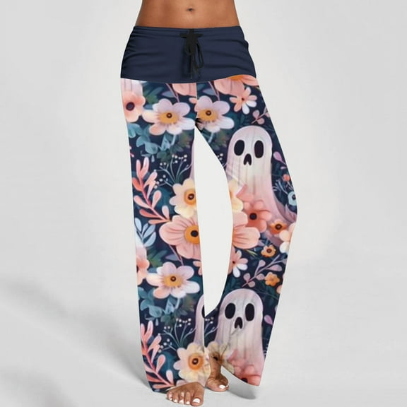 WXLWZYWL Halloween Pajama Pants for Women Cute Pumpkin Print Lounge Pants Comfy Drawstring Wide Leg Palazzo Pants with Pocket