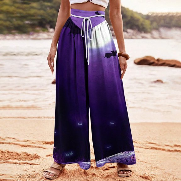 WXLWZYWL Halloween Palazzo Pants Women Graphic Holiday Outfit Lightweight Drawstring Flowy Wide Leg Pants Funny