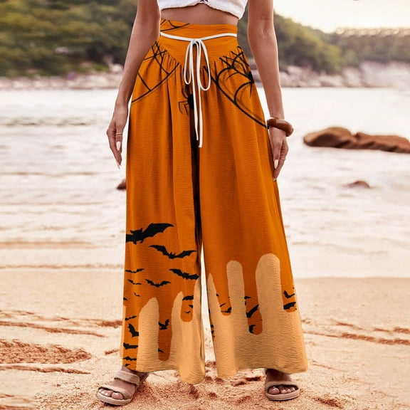 WXLWZYWL Halloween Palazzo Pants Women Graphic Holiday Outfit Lightweight Drawstring Flowy Wide Leg Pants Funny