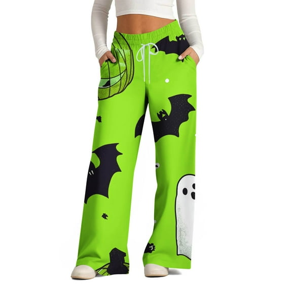 WXLWZYWL Halloween Pants for Women Plus Size Stretch Pants Casual Palazzo Sweatpants Bat Print Drawstring Wide Leg Pant Lounge Elastic Waist Sweatpant with Pockets
