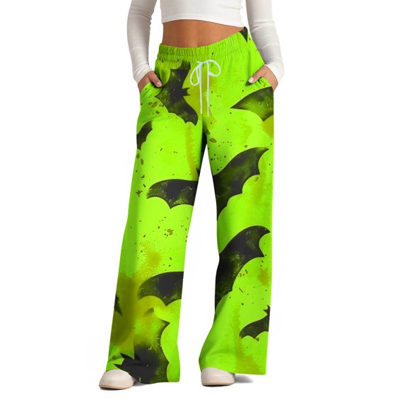 WXLWZYWL Halloween Pants for Women Plus Size Stretch Pants Casual Palazzo Sweatpants Bat Print Drawstring Wide Leg Pant Lounge Elastic Waist Sweatpant with Pockets