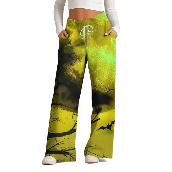 WXLWZYWL Halloween Pants for Women Plus Size Stretch Pants Casual Palazzo Sweatpants Bat Print Drawstring Wide Leg Pant Lounge Elastic Waist Sweatpant with Pockets