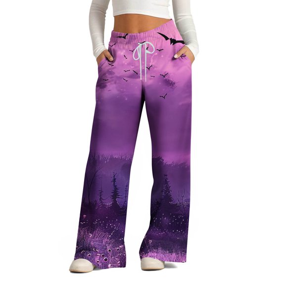 WXLWZYWL Halloween Pants for Women Plus Size Stretch Pants Casual Palazzo Sweatpants Bat Print Drawstring Wide Leg Pant Lounge Elastic Waist Sweatpant with Pockets