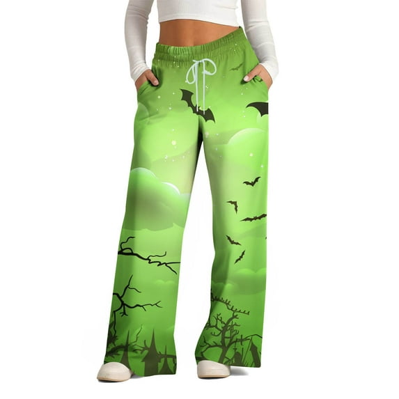 WXLWZYWL Halloween Pants for Women Plus Size Stretch Pants Casual Palazzo Sweatpants Bat Print Drawstring Wide Leg Pant Lounge Elastic Waist Sweatpant with Pockets