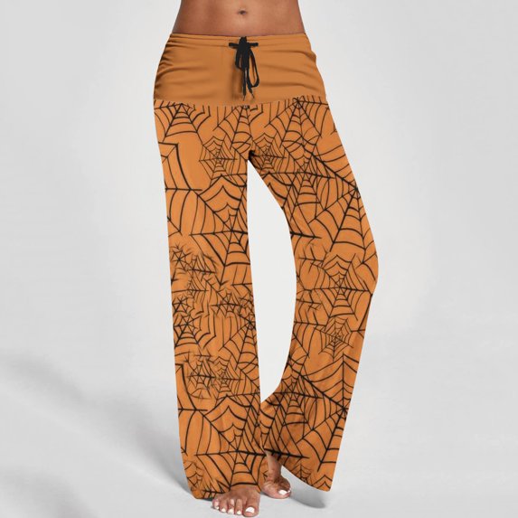 WXLWZYWL Halloween Pants for Women Plus Size Stretch Pants Casual Palazzo Sweatpants Bat Print Drawstring Wide Leg Pant Lounge Elastic Waist Sweatpant with Pockets