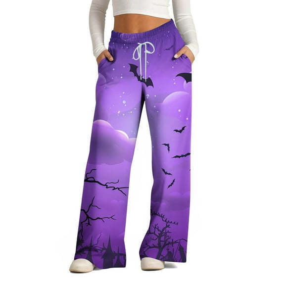 WXLWZYWL Halloween Pants for Women Plus Size Stretch Pants Casual Palazzo Sweatpants Bat Print Drawstring Wide Leg Pant Lounge Elastic Waist Sweatpant with Pockets