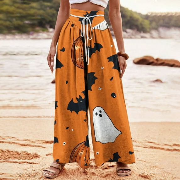 WXLWZYWL Halloween Pants for Women Women's Comfy Stretch Pants Casual Palazzo Sweatpants Bat Print Drawstring Wide Leg Pant Lounge Elastic Waist Sweatpant