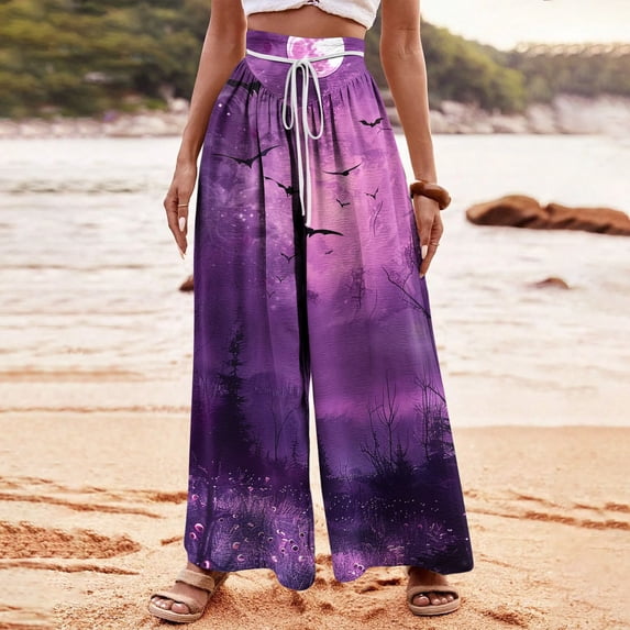 WXLWZYWL Halloween Pants for Women Women's Comfy Stretch Pants Casual Palazzo Sweatpants Bat Print Drawstring Wide Leg Pant Lounge Elastic Waist Sweatpant
