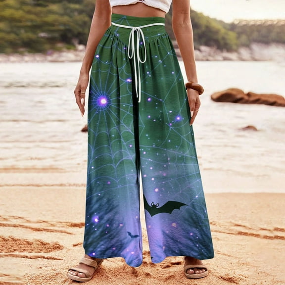 WXLWZYWL Halloween Pants for Women Women's Comfy Stretch Pants Casual Palazzo Sweatpants Bat Print Drawstring Wide Leg Pant Lounge Elastic Waist Sweatpant