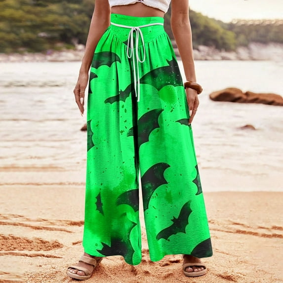 WXLWZYWL Halloween Pants for Women Women's Comfy Stretch Pants Casual Palazzo Sweatpants Bat Print Drawstring Wide Leg Pant Lounge Elastic Waist Sweatpant
