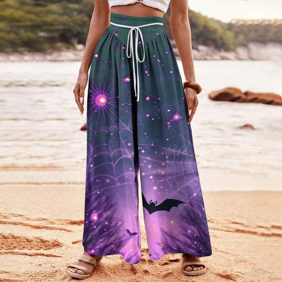 WXLWZYWL Halloween Pants for Women Women's Comfy Stretch Pants Casual Palazzo Sweatpants Bat Print Drawstring Wide Leg Pant Lounge Elastic Waist Sweatpant