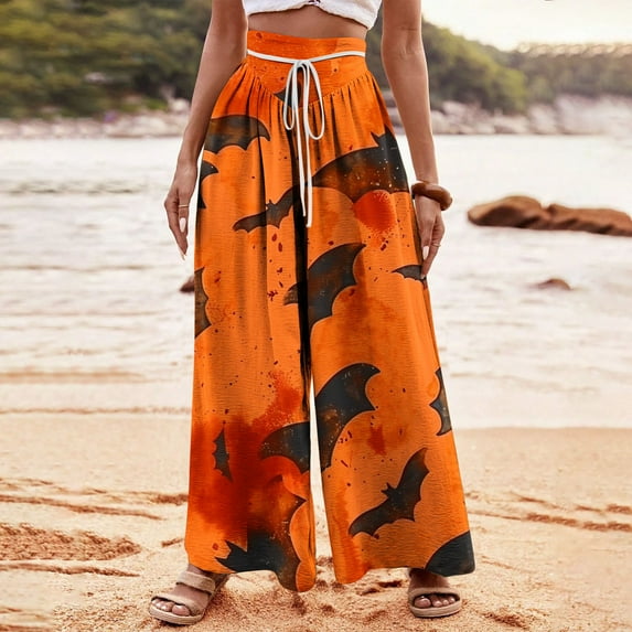 WXLWZYWL Halloween Pants for Women Women's Comfy Stretch Pants Casual Palazzo Sweatpants Bat Print Drawstring Wide Leg Pant Lounge Elastic Waist Sweatpant