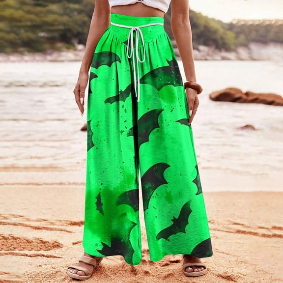 WXLWZYWL Halloween Pants for Women Women's Comfy Stretch Pants Casual Palazzo Sweatpants Bat Print Drawstring Wide Leg Pant Lounge Elastic Waist Sweatpant