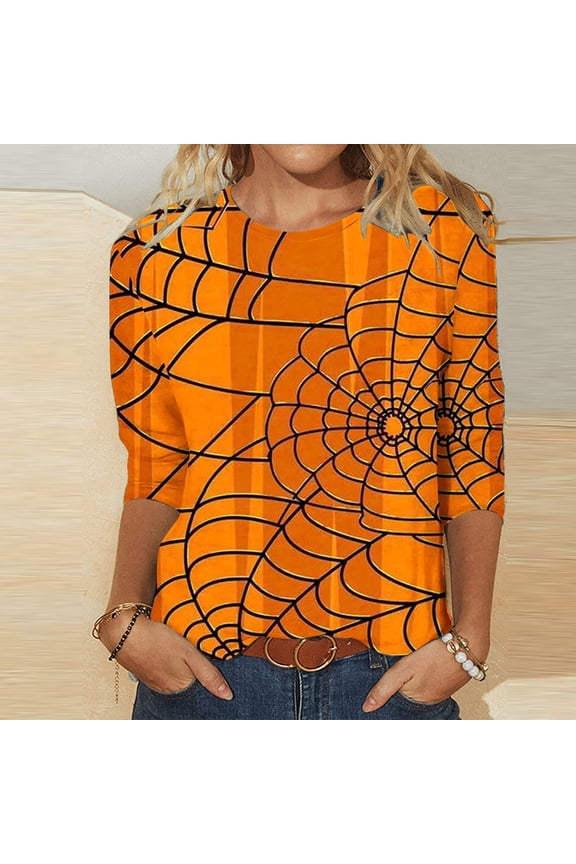 Halloween Shirts for Women 3/4 Sleeve Round Neck Tunic Tops Funny Ghost Pumpkin Print Pullover Blouse Cotton Fall Tshirt