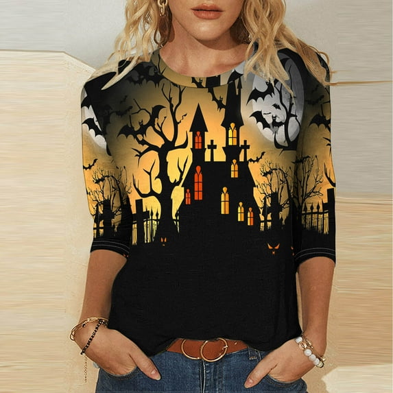 WXLWZYWL Halloween Shirts for Women 3/4 Sleeve Round Neck Tunic Tops Funny Ghost Pumpkin Print Pullover Blouse Cotton Fall Tshirt