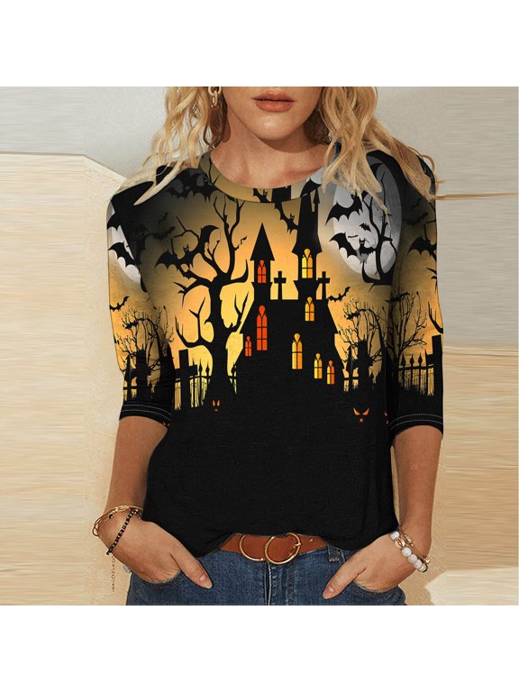 Halloween Shirts for Women 3/4 Sleeve Round Neck Tunic Tops Funny Ghost Pumpkin Print Pullover Blouse Cotton Fall Tshirt
