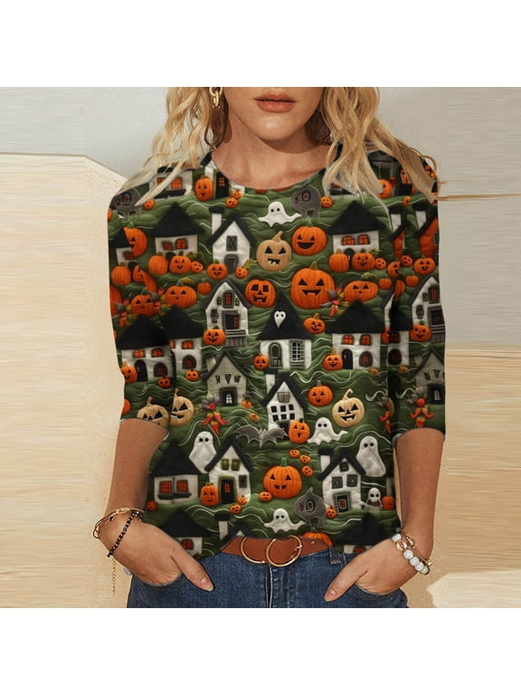 Halloween Shirts for Women 3/4 Sleeve Round Neck Tunic Tops Funny Ghost Pumpkin Print Pullover Blouse Cotton Fall Tshirt