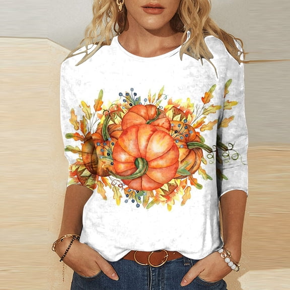 WXLWZYWL Halloween Shirts for Women 3/4 Sleeve Round Neck Tunic Tops Funny Ghost Pumpkin Print Pullover Blouse Cotton Fall Tshirt