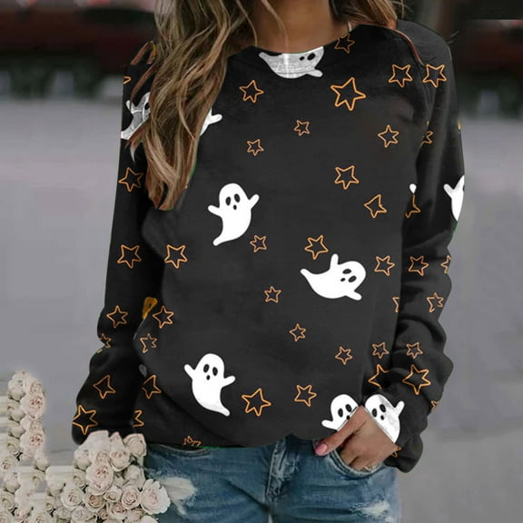 WXLWZYWL Halloween Sweatshirts for Women Long Sleeve Shirts Crewneck Bat Pumpkin Ghost Witch Printed Loose Casual Pullover Tee Tops Hoodie Fall Clothes 2024
