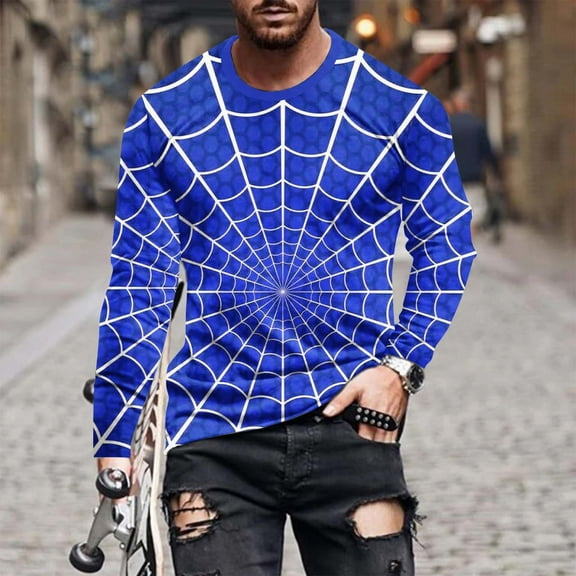 WXLWZYWL Halloween Sweatshirts for Men Scary Spiderweb Pumpkin Graphic Long Sleeve T-Shirts Slim Fit Round Neck Pullover