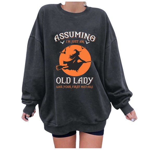 WXLWZYWL Halloween Sweatshirts for Women 2024 Witch Sweatshirt On A Dark Desert Highway Cool Wind In My Hair Long Sleeve Top