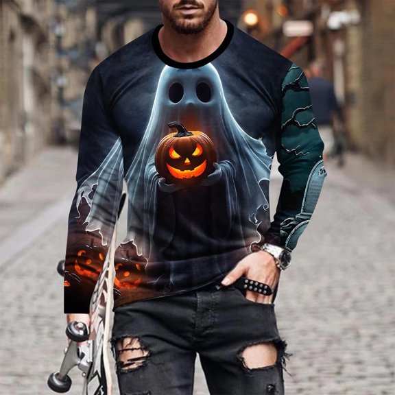 WXLWZYWL Halloween T Shirts for Men Funny Mens Long Sleeve T Shirt Round Neck Bat Print Pullover Sweatshirt Autumn Long Sleeve Shirts