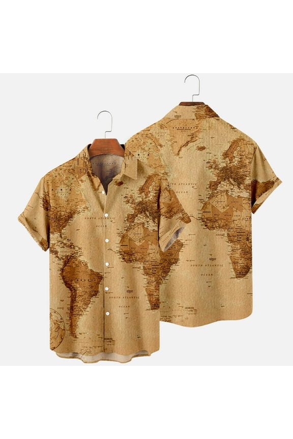 Hawaiian Shirts for Men Plus Size Button Down Short Sleeve World Map Printing Funky Casual Unisex Beach Shirts Summer Loose Tops