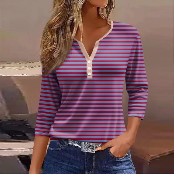 WXLWZYWL Henley Tops for Womens Plus Size 3/4 Sleeve V Neck Stripes Button Down T-Shirts Trendy Loose-Fit Summer Casual Flowy Athletic Clothes for Ladies