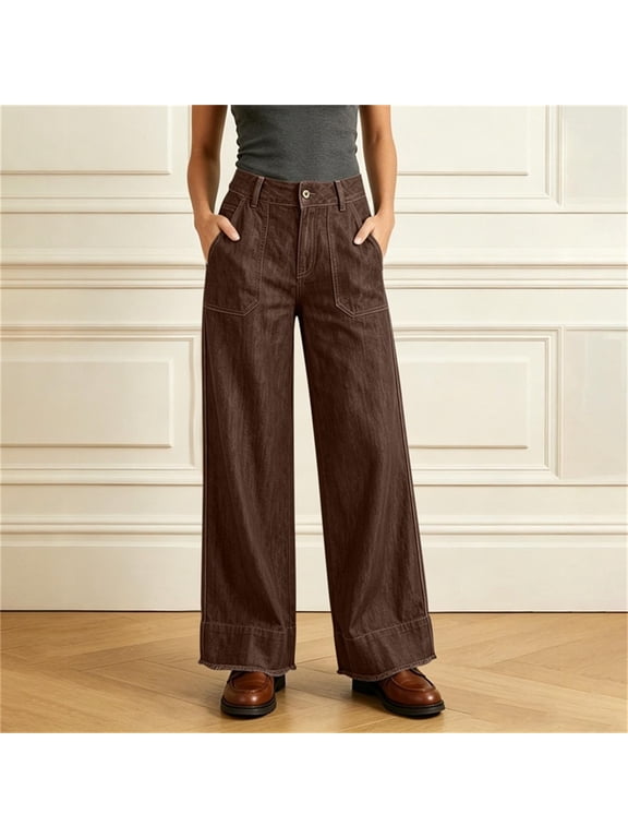 High Waist Wide Leg Jeans for Women Loose Denim Trousers Solid Color Baggy Denim Trousers for Daily Wear