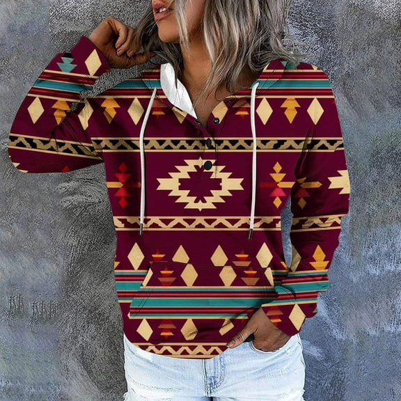 WXLWZYWL Hoodies for Women Retro Ethnic Print Blouse Aztec Geometric Graphic Print Pullover V Neck Button Drawstring Sweatshirt