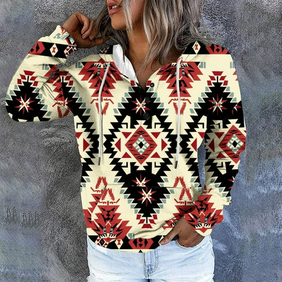 WXLWZYWL Hoodies for Women Retro Ethnic Print Blouse Aztec Geometric Graphic Print Pullover V Neck Button Drawstring Sweatshirt