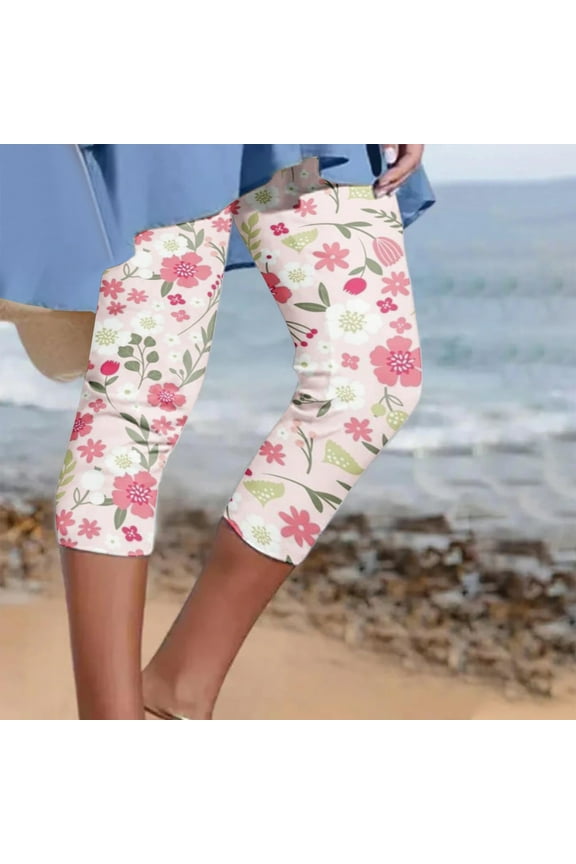 Knee Length Leggings for Women Plus Size Casual Floral Printed Capri Leggings Summer High Waisted Stretch Capri Pants Comfy Cropped Pants