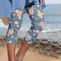 WXLWZYWL Knee Length Leggings for Women Plus Size Casual Floral Printed Capri Leggings Summer High Waisted Stretch Capri Pants Comfy Cropped Pants