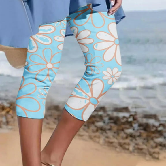 WXLWZYWL Knee Length Leggings for Women Plus Size Casual Floral Printed Capri Leggings Summer High Waisted Stretch Capri Pants Comfy Cropped Pants