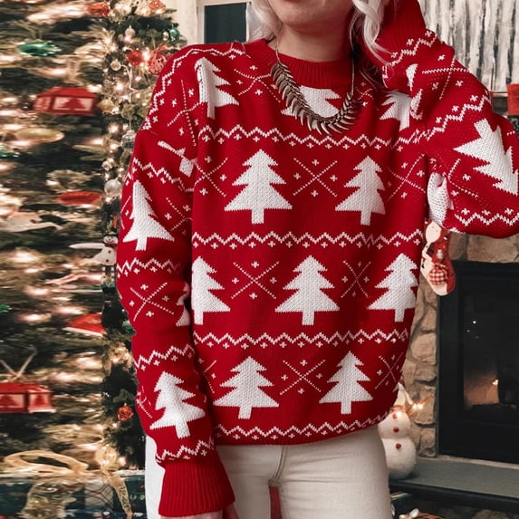 WXLWZYWL Knitted Christmas Sweaters for Women Crewneck Long Sleeved Christmas Trees Pullover Jumpers Comfy Loose Warm Xmas Tops