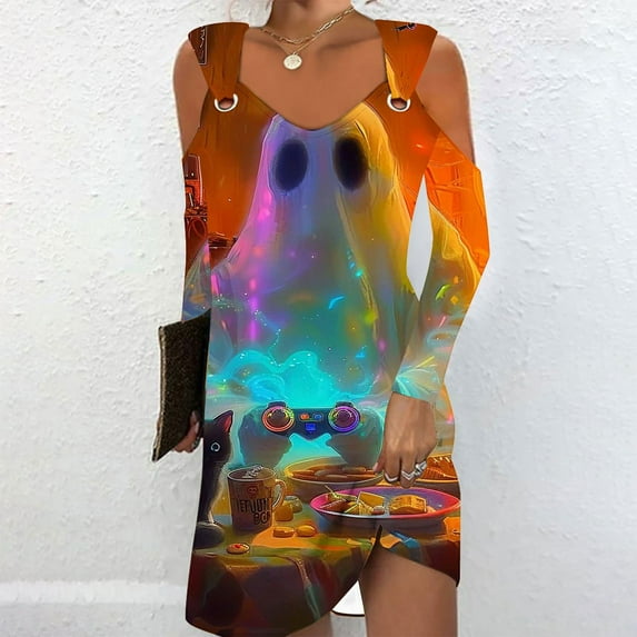 WXLWZYWL Ladies Evening Dresses Casual Halloween Printed Dress Long Sleeve Strapless Dress Fashion Round Neck Suspender Off Shoulder Dress