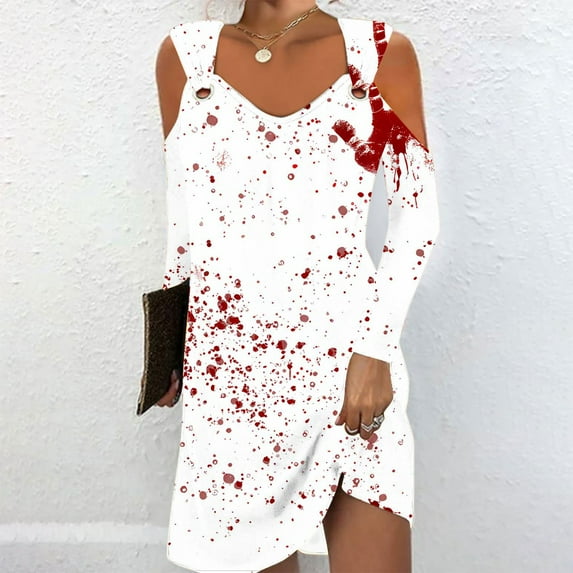 WXLWZYWL Ladies Evening Dresses Casual Halloween Printed Dress Long Sleeve Strapless Dress Fashion Round Neck Suspender Off Shoulder Dress