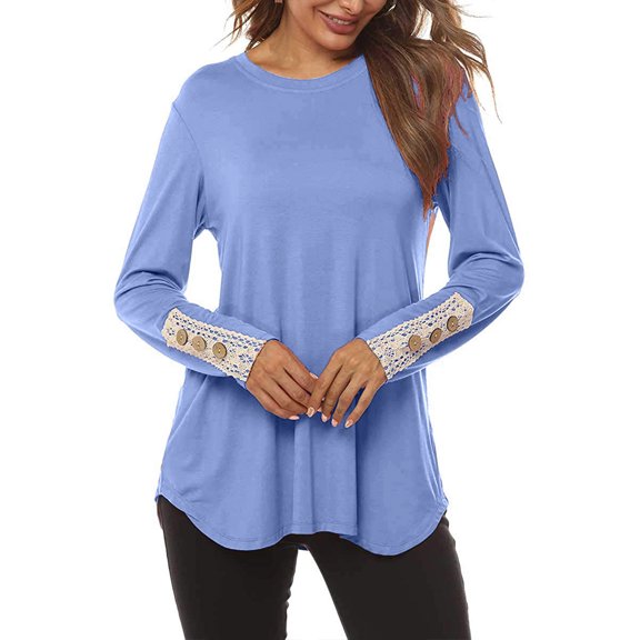 WXLWZYWL Ladies Fashionable Long Sleeved T-Shirt Lace Three-Dimensional Flower Round Neck Tops