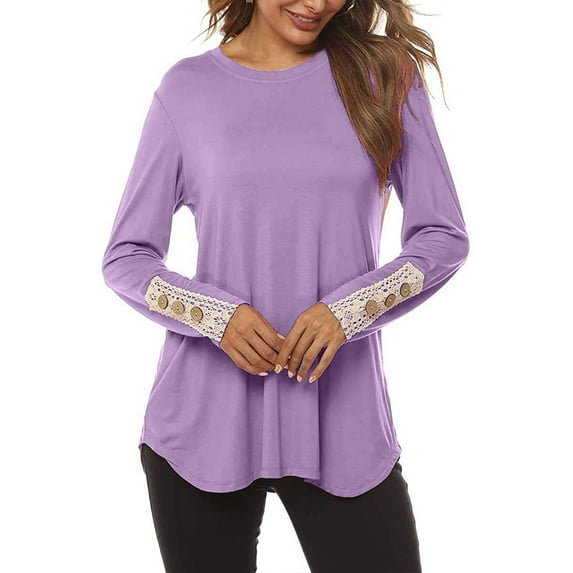 WXLWZYWL Ladies Fashionable Long Sleeved T-Shirt Lace Three-Dimensional Flower Round Neck Tops